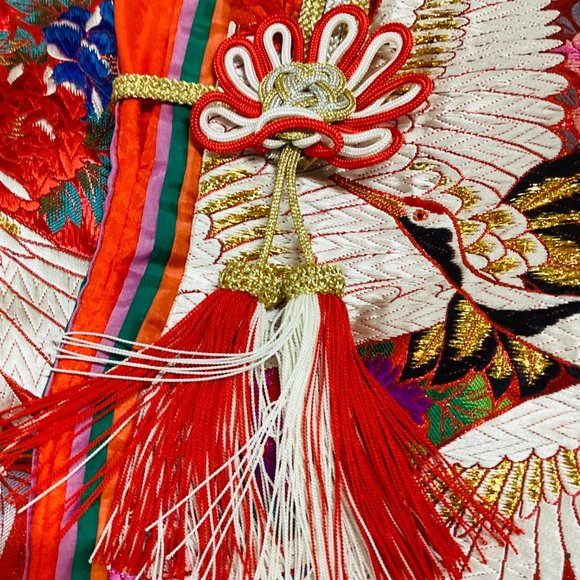 Vintage Japanese Kimono Wedding Red Gold Cranes Flower, Stuffed Hem, Pure Silk - Picture 5 of 6